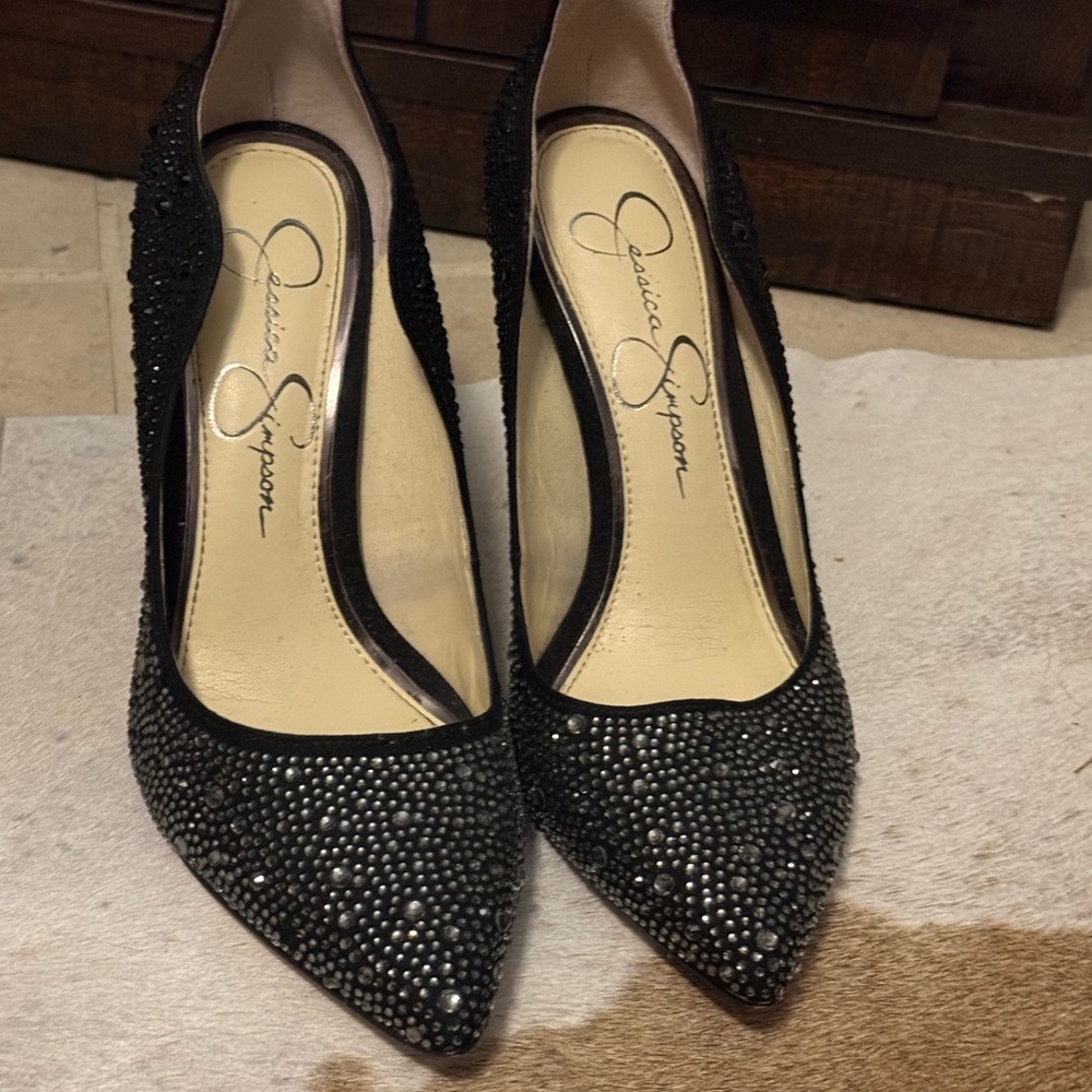 Jessica Simpson Black Crystal-Embellished Pointed Toe Pumps